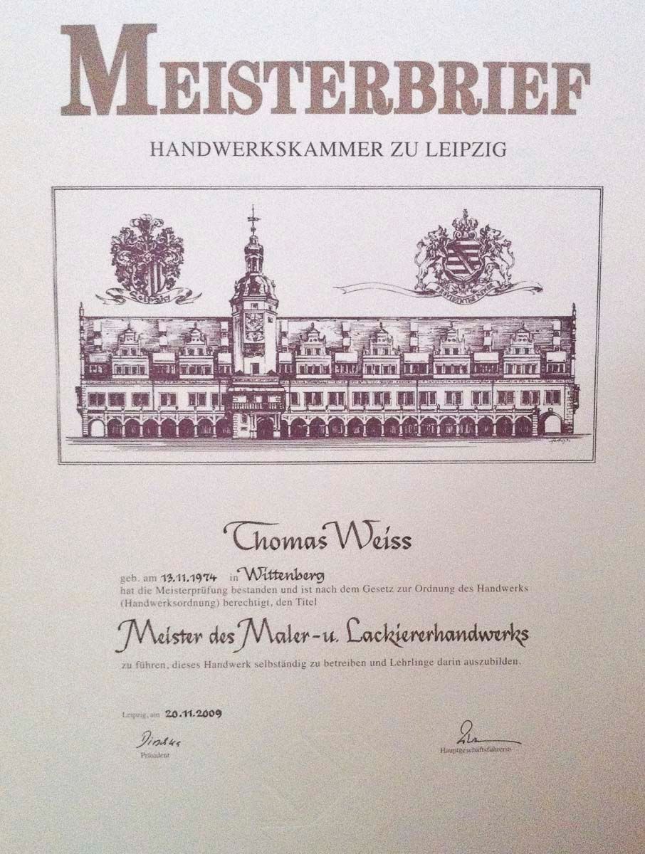 Meisterbrief von Malermeister Thomas Weiss aus Lutherstadt Wittenberg